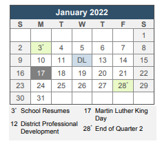 District School Academic Calendar for Textron Chamber Of Commerce Academy for January 2022