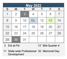 District School Academic Calendar for Samuel W. Bridgham Middle School for May 2022