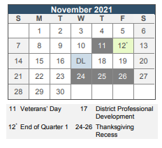 District School Academic Calendar for Textron Chamber Of Commerce Academy for November 2021