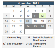 District School Academic Calendar for William B. Cooley/health And Science TECH. Academy for November 2021