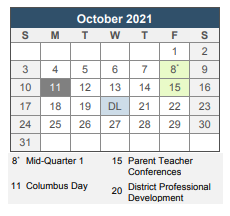 District School Academic Calendar for Samuel W. Bridgham Middle School for October 2021