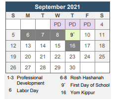 District School Academic Calendar for Lillian Feinstein Elementary, Sackett Street for September 2021