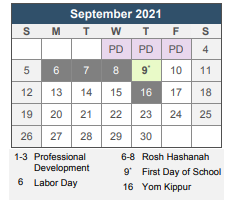 District School Academic Calendar for Hope Arts School for September 2021