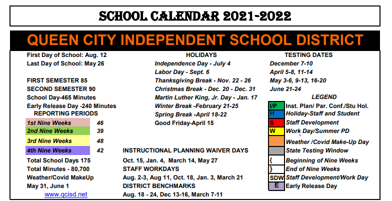 District School Academic Calendar Key for Queen City High School