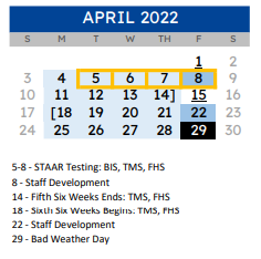 District School Academic Calendar for Qisd Education Center for April 2022