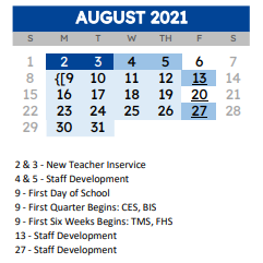 District School Academic Calendar for Joe Martin Early Childhood Ctr for August 2021