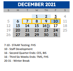District School Academic Calendar for Wh Ford High School for December 2021