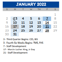 District School Academic Calendar for Qisd Education Center for January 2022