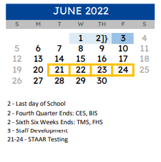 District School Academic Calendar for Wh Ford High School for June 2022