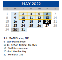 District School Academic Calendar for Wh Ford High School for May 2022