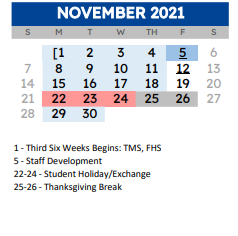 District School Academic Calendar for A E Butler Int for November 2021