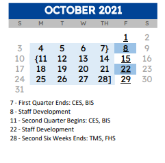 District School Academic Calendar for A E Butler Int for October 2021
