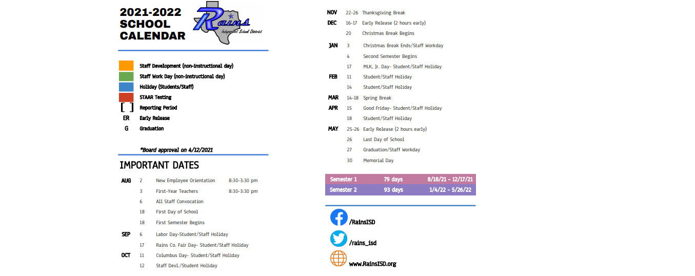 District School Academic Calendar Key for Rains Jr High