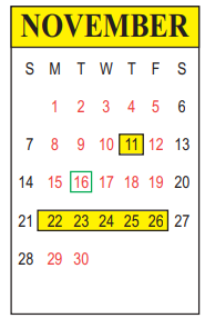 District School Academic Calendar for Tioga Elementary School for November 2021