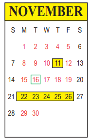 District School Academic Calendar for J.S. Slocum Learning Center for November 2021