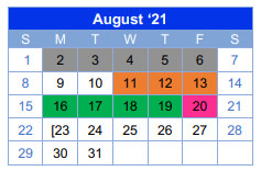 District School Academic Calendar for Ccjjaep for August 2021