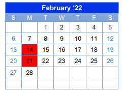 District School Academic Calendar for Ccjjaep for February 2022