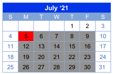 District School Academic Calendar for Pittman Elementary for July 2021