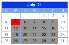 District School Academic Calendar for Smith Elementary for July 2021