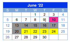 District School Academic Calendar for Myra Green Middle School for June 2022