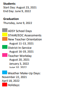 District School Academic Calendar Legend for Myra Green Middle School