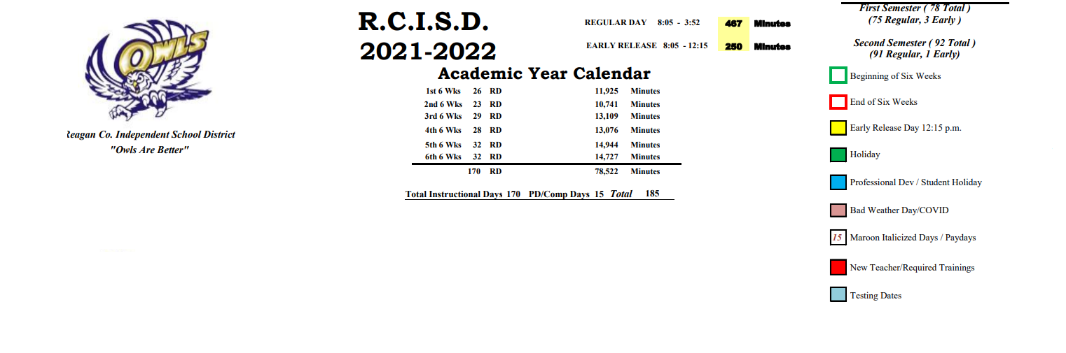 District School Academic Calendar Key for Reagan County Elementary