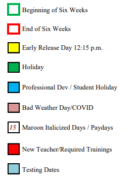 District School Academic Calendar Legend for Reagan County Elementary