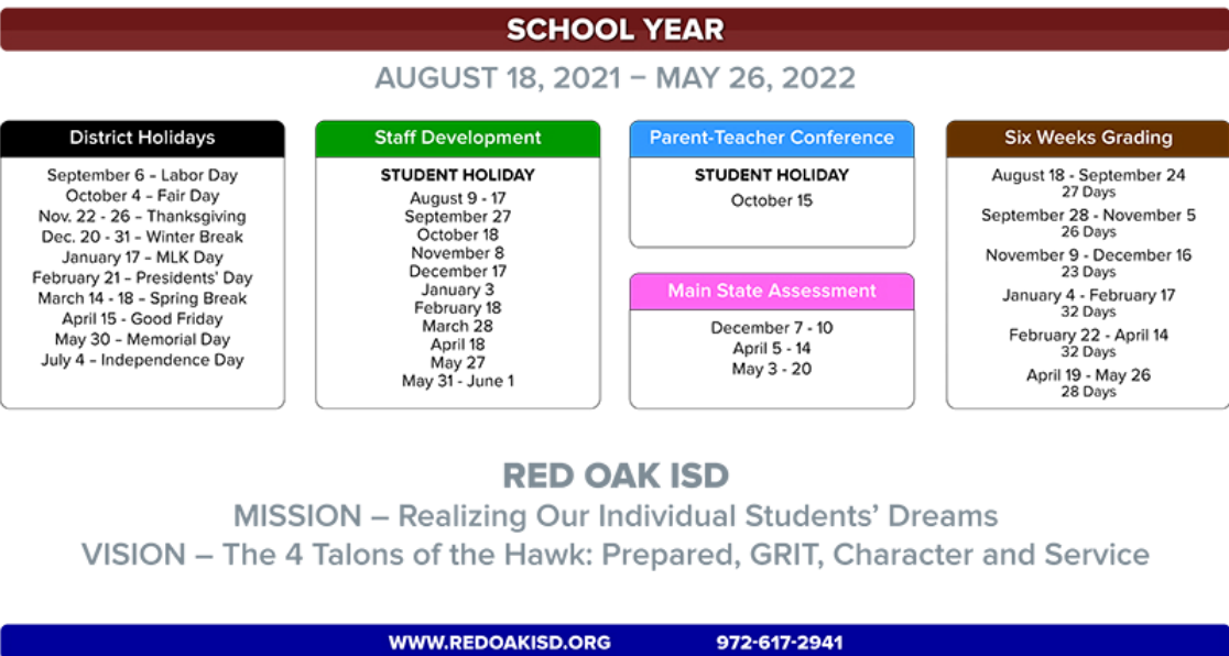 District School Academic Calendar Key for Red Oak Int
