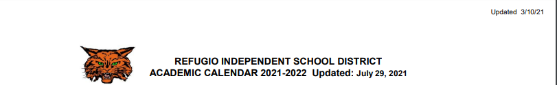 District School Academic Calendar for Refugio High School