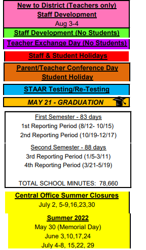 District School Academic Calendar Legend for Rice High School