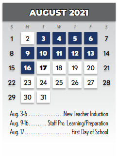 District School Academic Calendar for Math/science/tech Magnet for August 2021