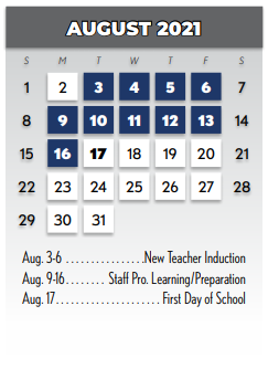 District School Academic Calendar for Wallace Elementary for August 2021