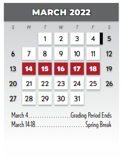 District School Academic Calendar for P A S S Learning Ctr for March 2022
