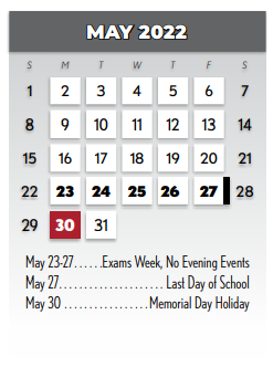 District School Academic Calendar for Lake Highlands J H for May 2022