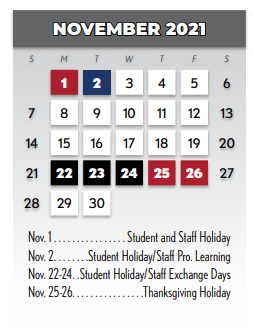 District School Academic Calendar for Richardson North Junior High for November 2021
