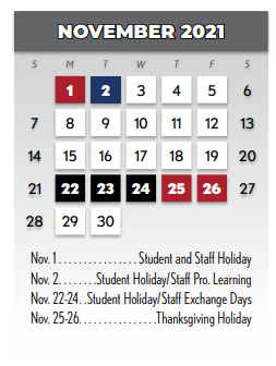 District School Academic Calendar for Richardson West Junior High for November 2021