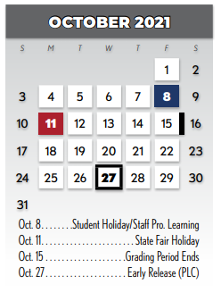 District School Academic Calendar for Skyview Elementary for October 2021
