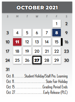 District School Academic Calendar for Richardson West Junior High for October 2021