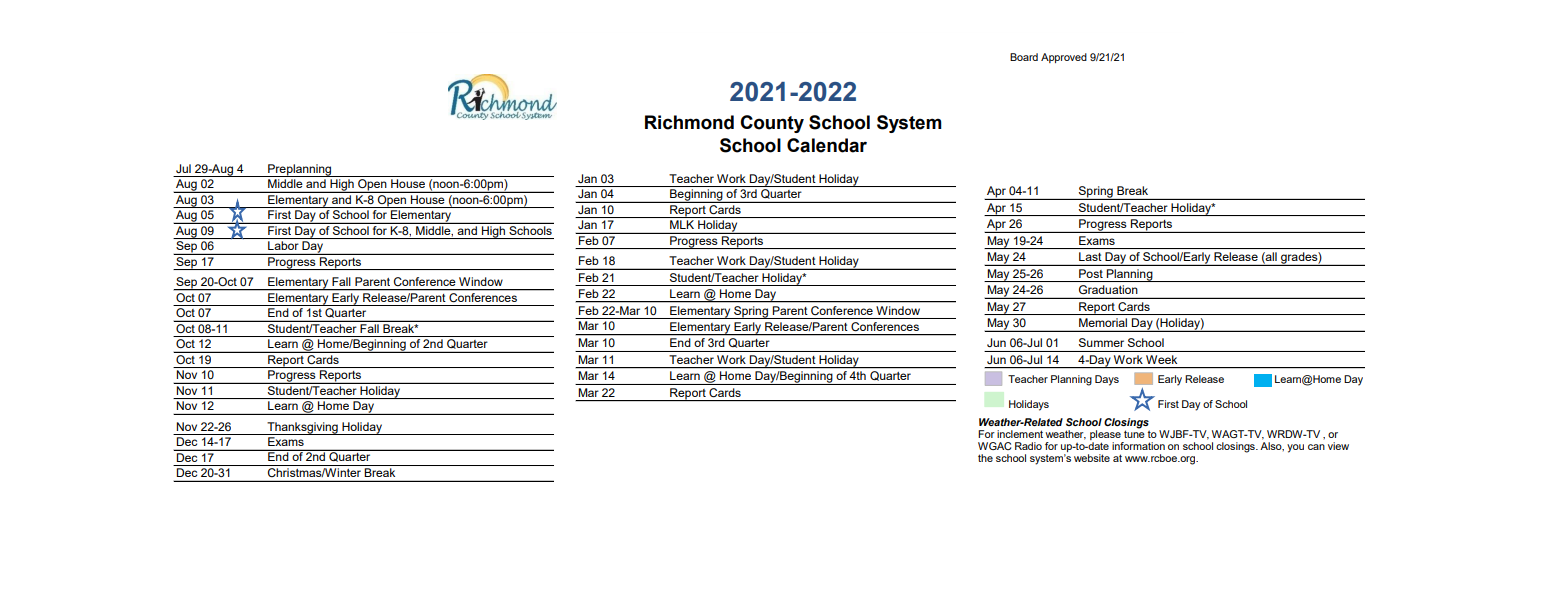 District School Academic Calendar Key for Hephzibah High School