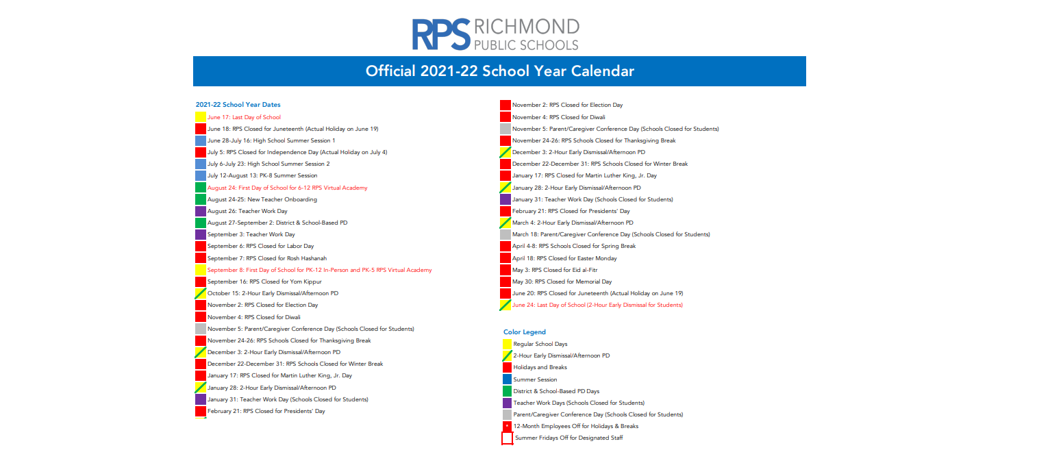 District School Academic Calendar Key for Richmond Alternative School