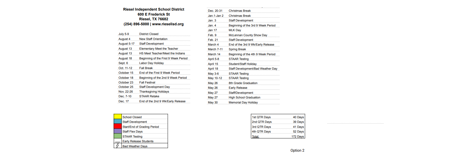 District School Academic Calendar Key for Riesel School