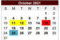 District School Academic Calendar for Marlin Alternative Education Progr for October 2021