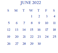 District School Academic Calendar for North Grammar Elementary for June 2022