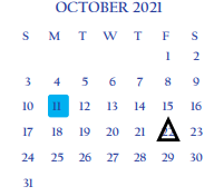 District School Academic Calendar for Grulla Elementary for October 2021