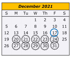 District School Academic Calendar for Cameron Co J J A E P for December 2021
