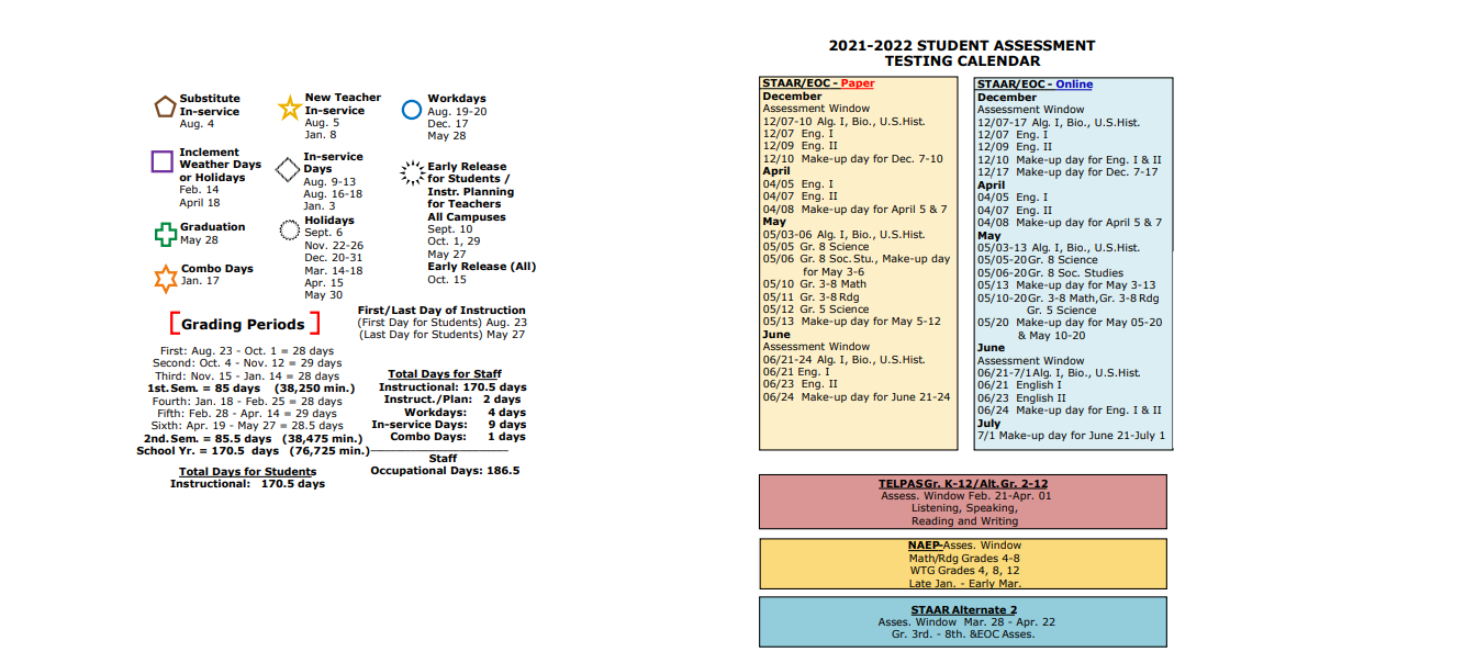 District School Academic Calendar Key for Cameron Co J J A E P