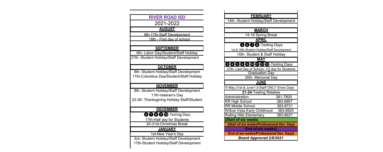 District School Academic Calendar Key for River Road Middle School