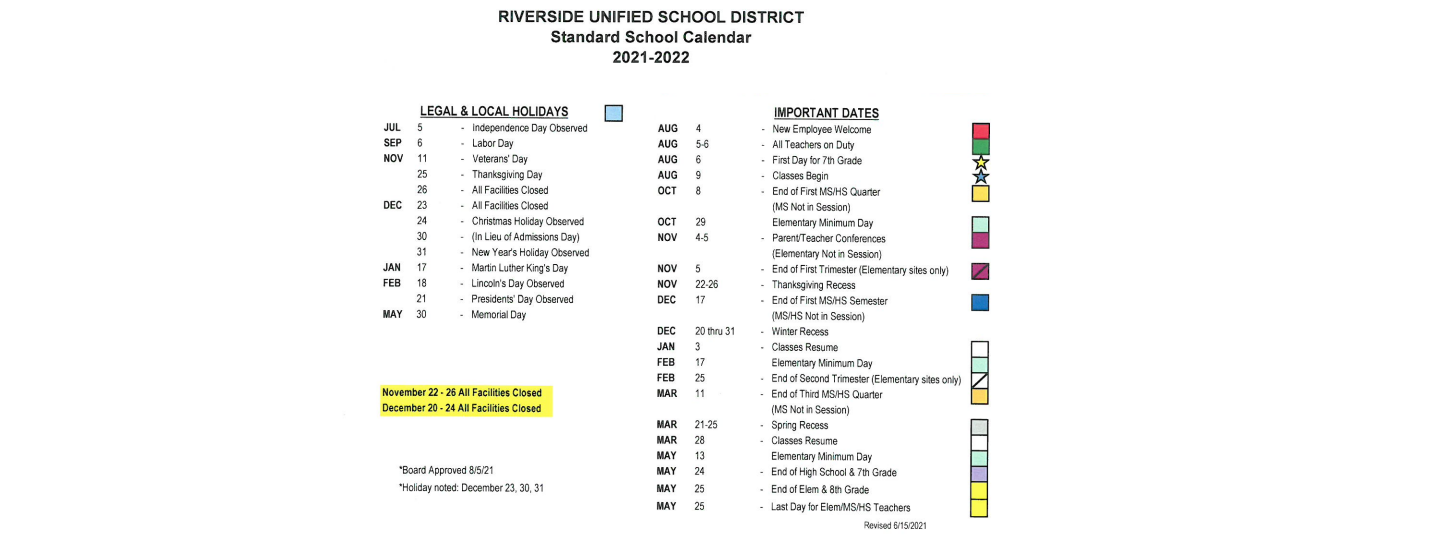 District School Academic Calendar Key for Riverside Unified Independent Study