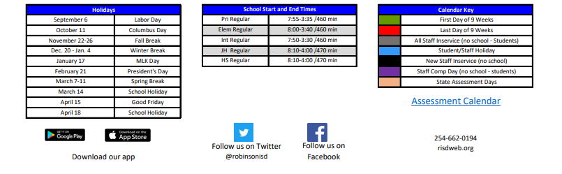 District School Academic Calendar Key for Robinson Elementary