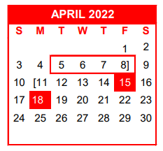 District School Academic Calendar for Alter Lrn Ctr for April 2022